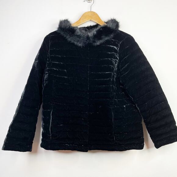 Talbots Black Velvet Down Quilted Puffer Jacket Coat Faux Fur Collar 16P 16 P - Picture 3 of 17